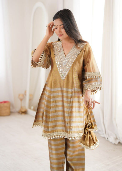 Gold Tissue Mirrorwork Kurti palazo Set