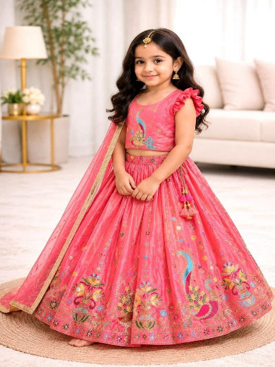 Kids Pink Lehenga Choli | Silk Embroidered Festive Indian Outfit