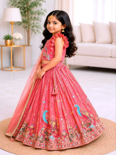 Kids Pink Lehenga Choli | Silk Embroidered Festive Indian Outfit