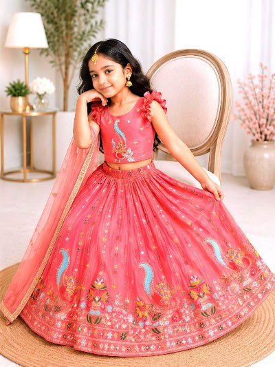 Kids Pink Lehenga Choli | Silk Embroidered Festive Indian Outfit