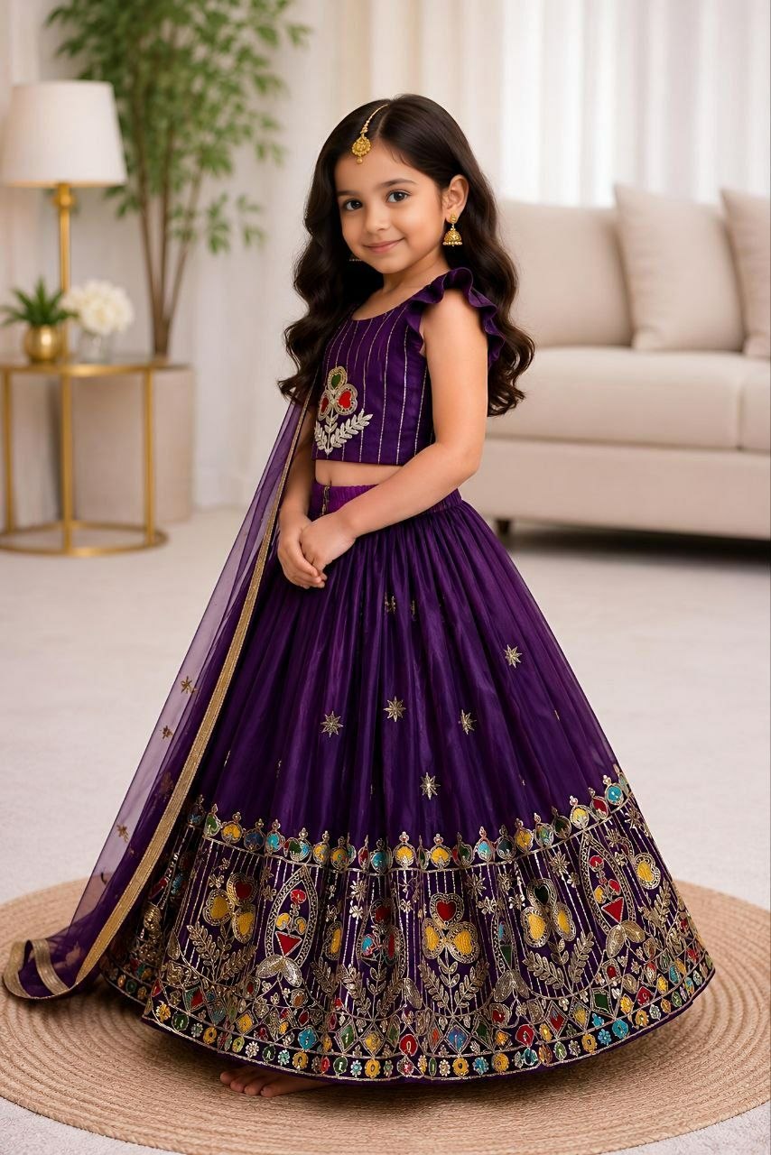 Kids Purple Lehenga Choli | Silk Embroidered Festive Indian Outfit