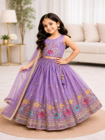 Kids Lavender Lehenga Choli | Silk Embroidered Festive Outfit