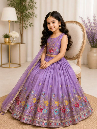 Kids Lavender Lehenga Choli | Silk Embroidered Festive Outfit