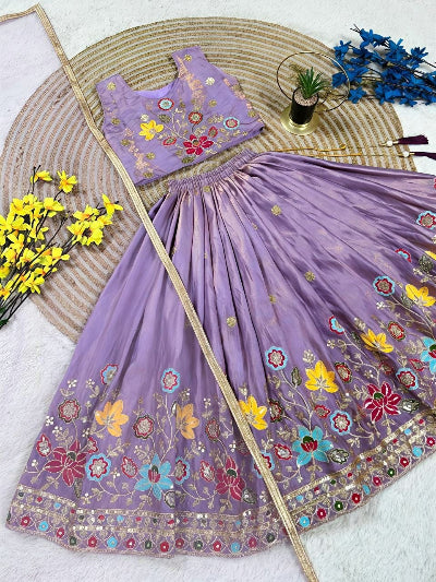 Kids Lavender Lehenga Choli | Silk Embroidered Festive Outfit