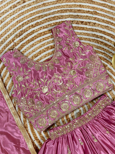 Kids Rose Pink Lehenga Choli | Silk Embroidered Festive Outfit