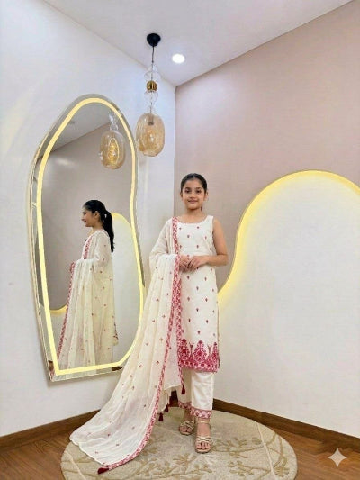 Kids White Embroidered Suit | 3 Piece Festive Salwar Kameez