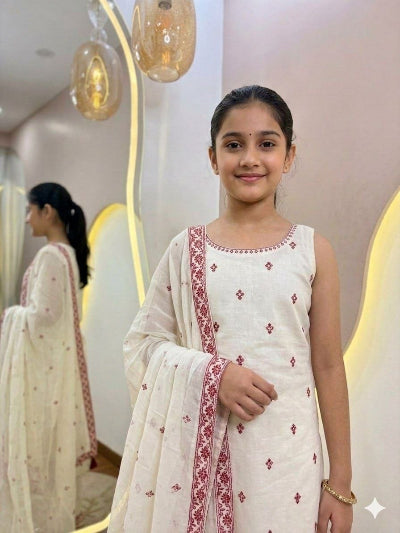 Kids White Embroidered Suit | 3 Piece Festive Salwar Kameez
