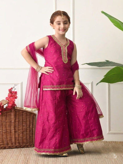 Kids Magenta Sharara Suit | 3 Piece Embroidered Festive Outfit