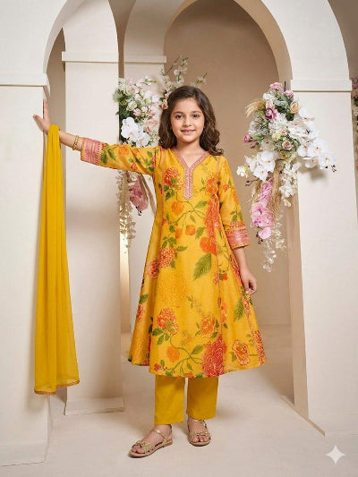 Kids Yellow Floral Print Kurta Suit | 3 Piece Festive Outfit