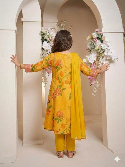 Kids Yellow Floral Print Kurta Suit | 3 Piece Festive Outfit