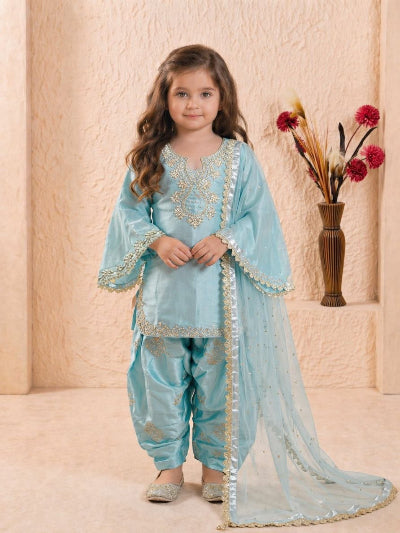 Kids Powder Blue Patiala Suit | 3 Piece Embroidered Festive Outfit