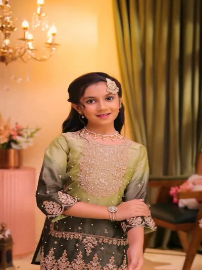 Kids Olive Ombre Embroidered Suit | 3 Piece Festive Outfit