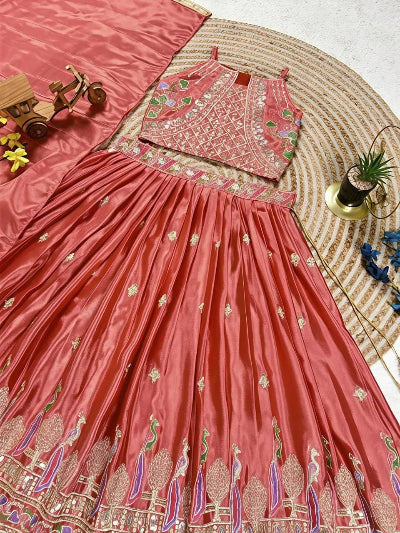 Kids Coral Pink Lehenga Choli | Mirror Work Festive Outfit