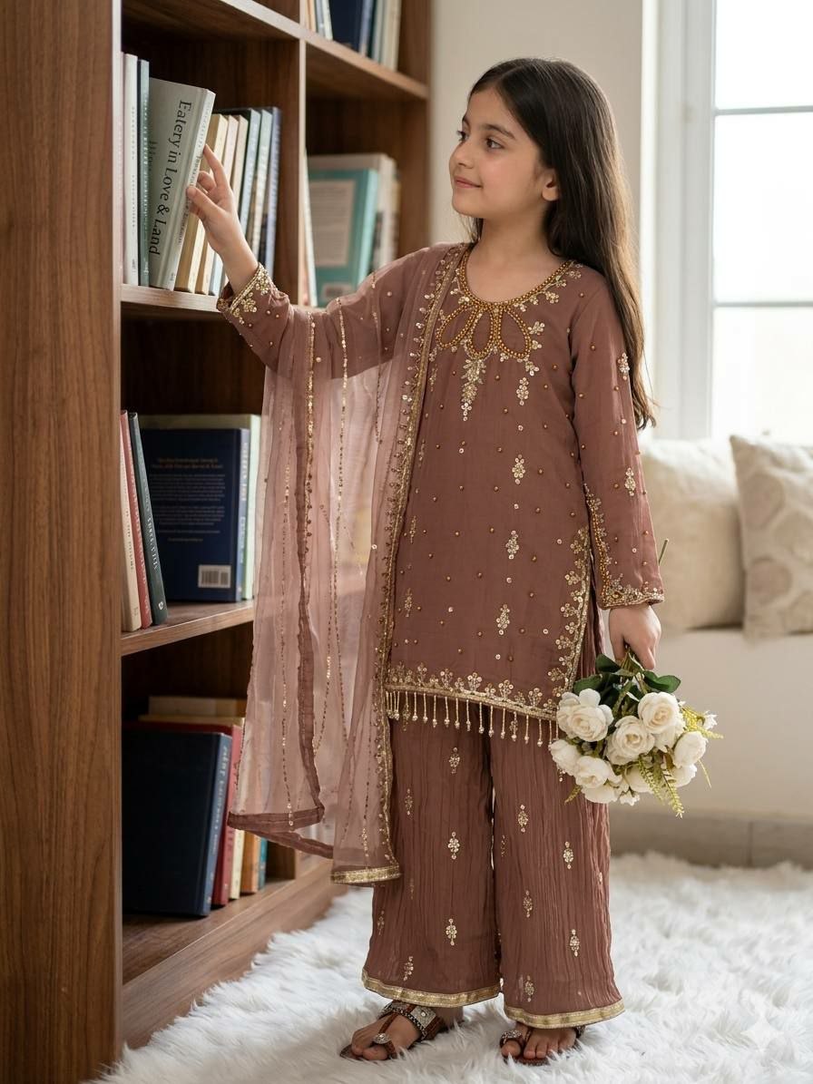 Kids Brown Sequin Suit | 3 Piece Embroidered Festive Outfit