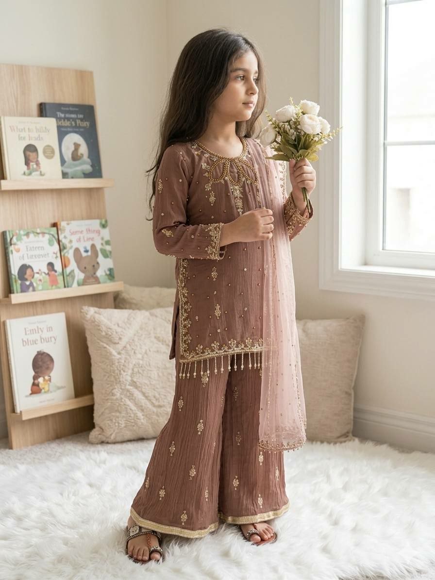 Kids Brown Sequin Suit | 3 Piece Embroidered Festive Outfit