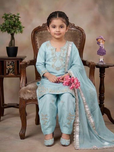 Kids Light Blue Pearl Embroidered Suit | 3 Piece Festive Outfit
