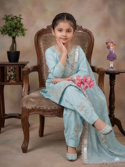 Kids Light Blue Pearl Embroidered Suit | 3 Piece Festive Outfit