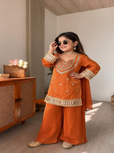 Kids Orange Mirror Work Suit | 3 Piece Embroidered Festive Outfit