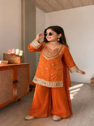 Kids Orange Mirror Work Suit | 3 Piece Embroidered Festive Outfit