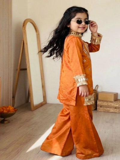 Kids Orange Mirror Work Suit | 3 Piece Embroidered Festive Outfit