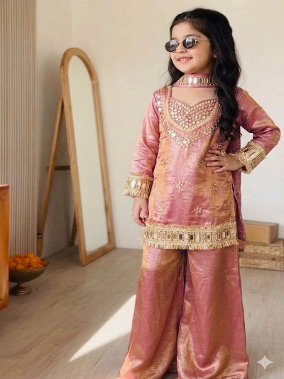 Kids Pink Gold Mirror Work Suit | 3 Piece Embroidered Festive Outfit