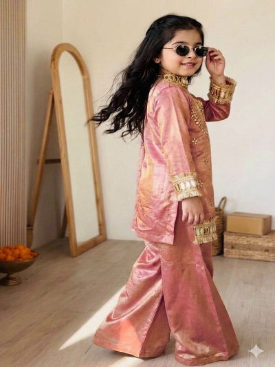 Kids Pink Gold Mirror Work Suit | 3 Piece Embroidered Festive Outfit