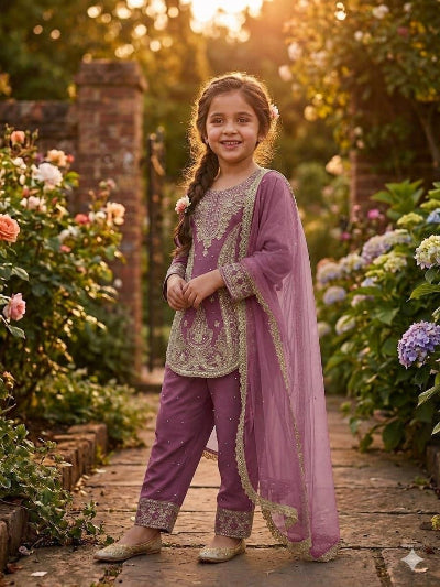 Kids Purple Embroidered Suit | 3 Piece Festive Trouser Outfit