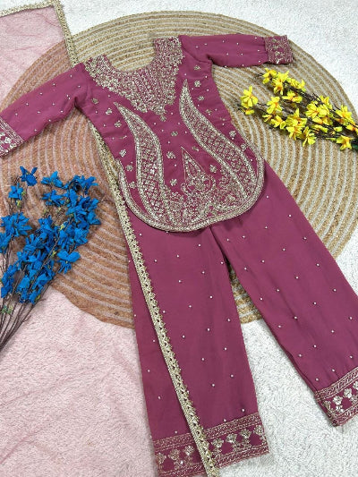 Kids Purple Embroidered Suit | 3 Piece Festive Trouser Outfit