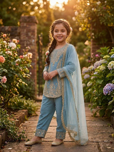 Kids Blue Embroidered Suit | 3 Piece Festive Trouser Outfit