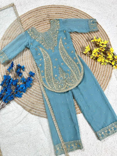 Kids Blue Embroidered Suit | 3 Piece Festive Trouser Outfit