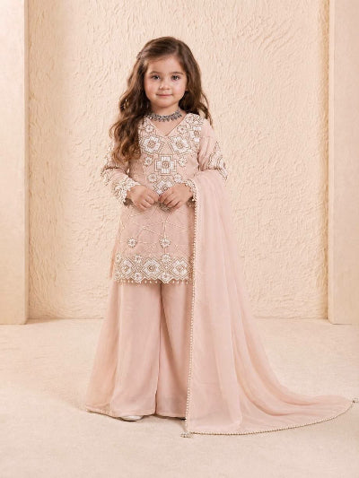 Kids Peach Embroidered Sharara Suit | 3 Piece Festive Outfit