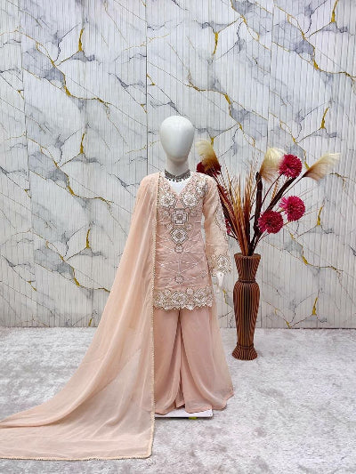 Kids Peach Embroidered Sharara Suit | 3 Piece Festive Outfit