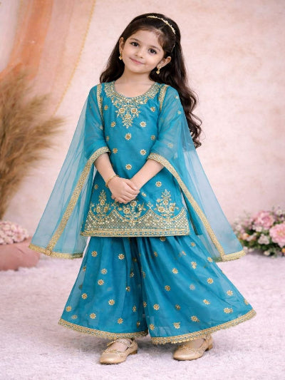 Kids Teal Gold Embroidery Work Sharara Set