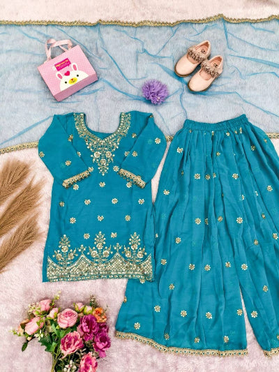Kids Teal Gold Embroidery Work Sharara Set