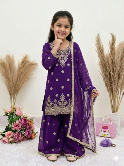 Kids Purple Embroidered Suit | 3 Piece Festive Sharara Outfit