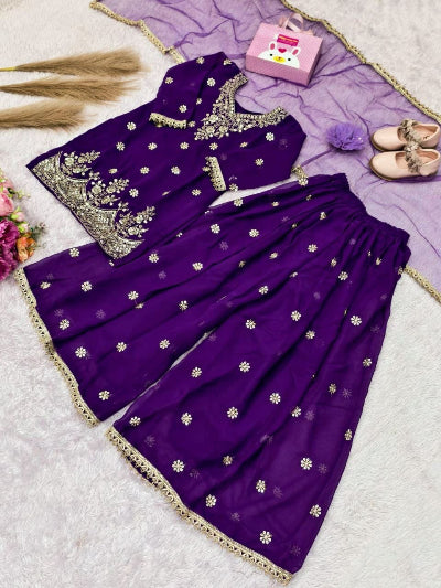 Kids Purple Embroidered Suit | 3 Piece Festive Sharara Outfit