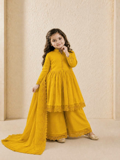 Kids Yellow Lace Suit | 3 Piece Festive A-Line Outfit
