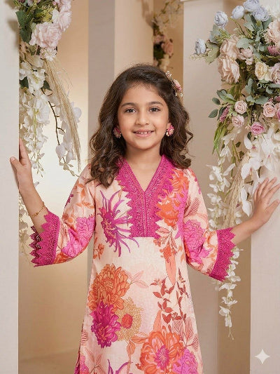 Kids Pink Floral Print Kurta | Lace Trim Festive Dress