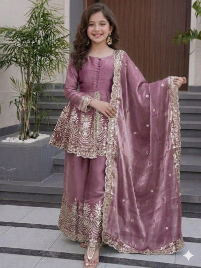 Kids Pink Embroidered Suit | 3 Piece Peplum Palazzo Festive Outfit