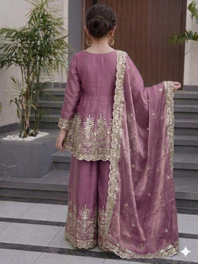 Kids Pink Embroidered Suit | 3 Piece Peplum Palazzo Festive Outfit