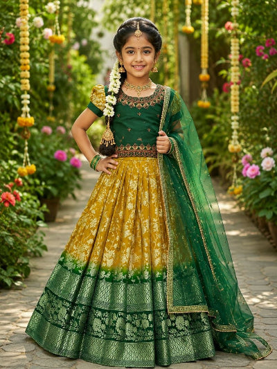 Kids Green Yellow Banarasi Lehenga Choli | Festive Indian Outfit
