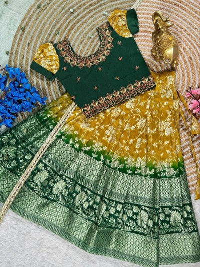 Kids Green Yellow Banarasi Lehenga Choli | Festive Indian Outfit