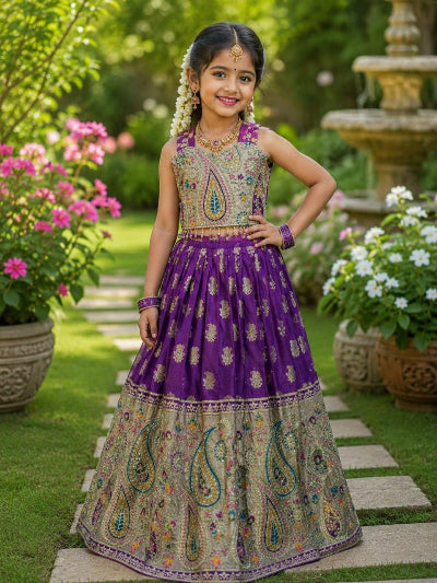 Kids Purple Gold Paisley Lehenga Choli | Festive Indian Outfit
