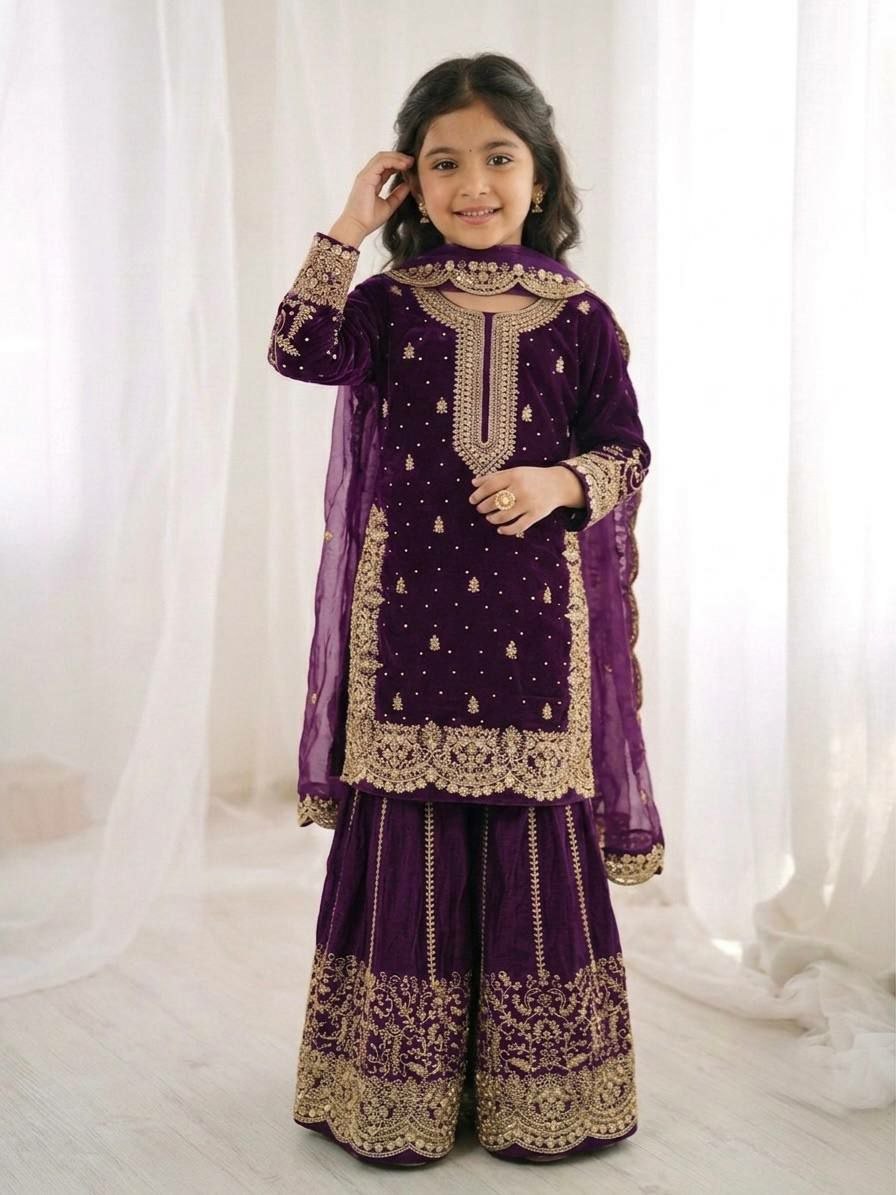 Kids Purple Embroidered Sharara Suit | 3 Piece Festive Outfit