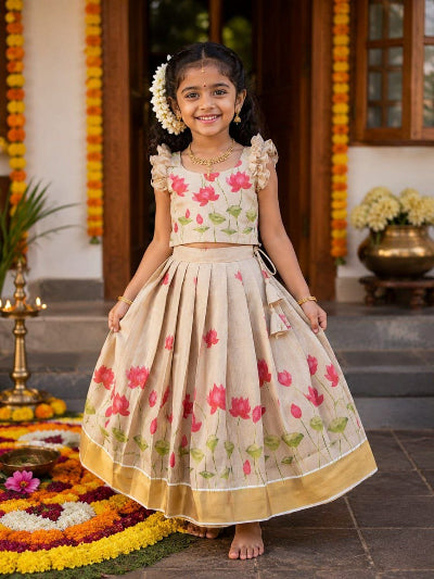 Kids Cream Lotus Print Lehenga Choli | Festive Indian Outfit