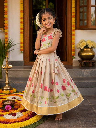 Kids Cream Lotus Print Lehenga Choli | Festive Indian Outfit