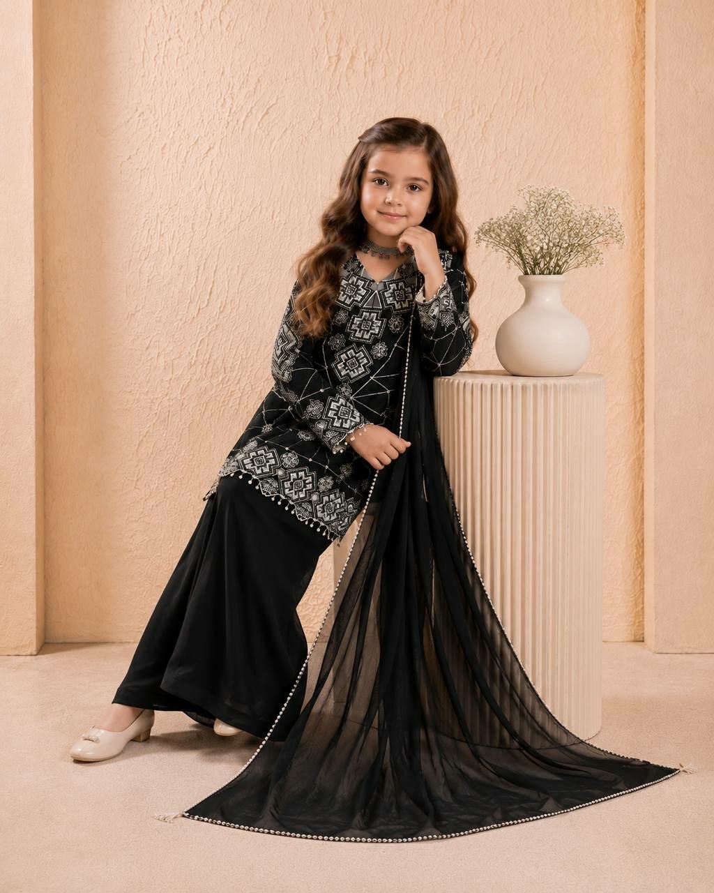 Kids Black Silver Embroidered Sharara Suit | 3 Piece Festive Outfit