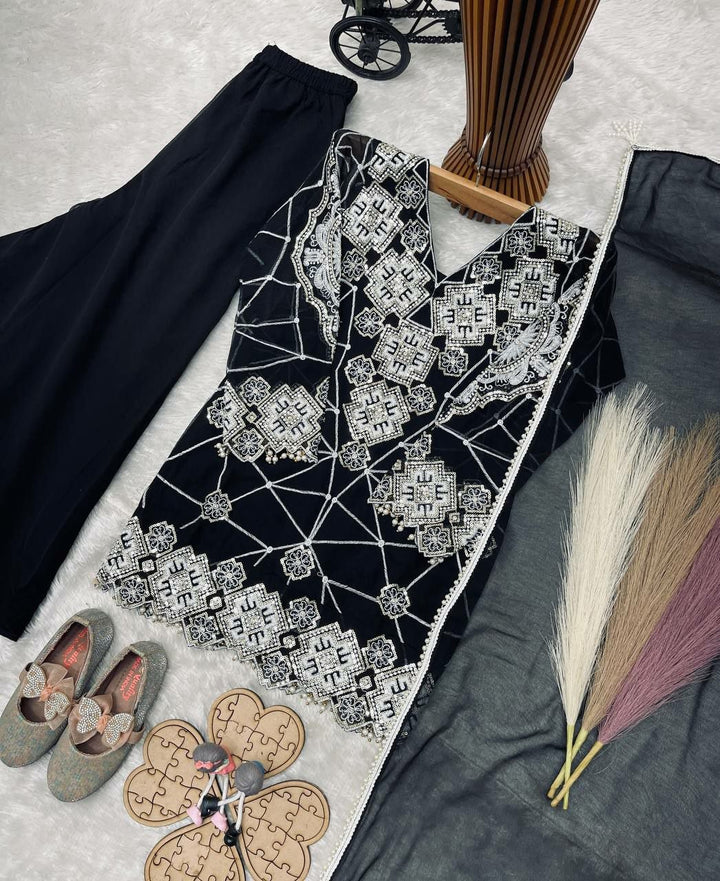 Kids Black Silver Embroidered Sharara Suit | 3 Piece Festive Outfit