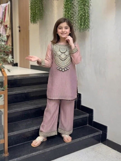Kids Dusty Lilac Embroidered Kurta Set | 2 Piece Festive Palazzo Outfit