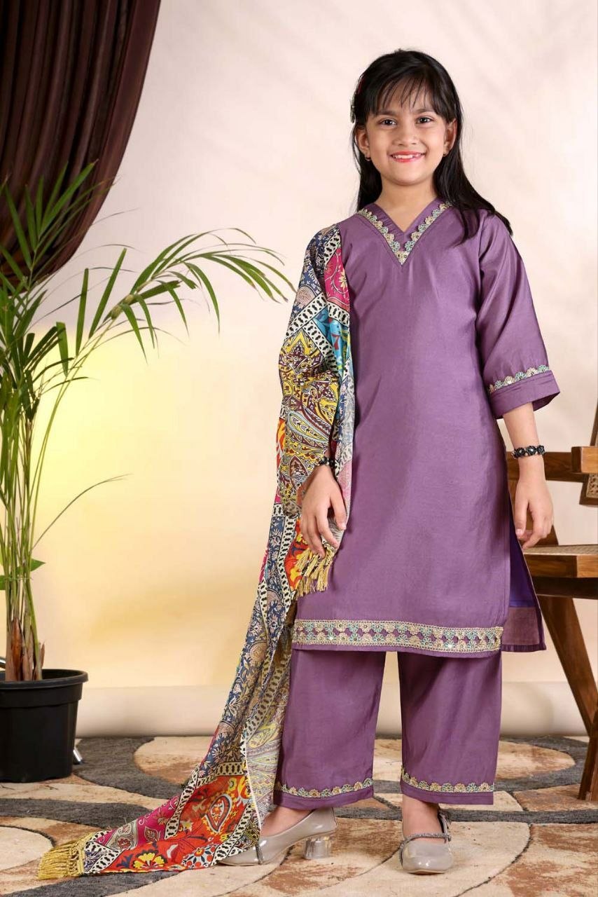 Kids Purple Kurta Suit | 3 Piece Festive Trouser Outfit